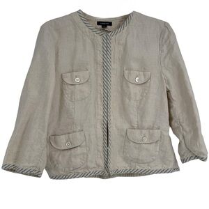 Lands' End Linen Jacket Size 14 Beige Pockets Hook/eye Front Closure 3/4 Sleeve